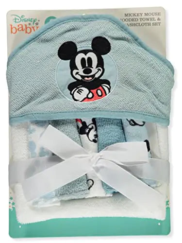 Disney Baby Mickey Mouse Hooded Towel with 5 Piece Washcloth Set Cool Style Print  Blue One Size