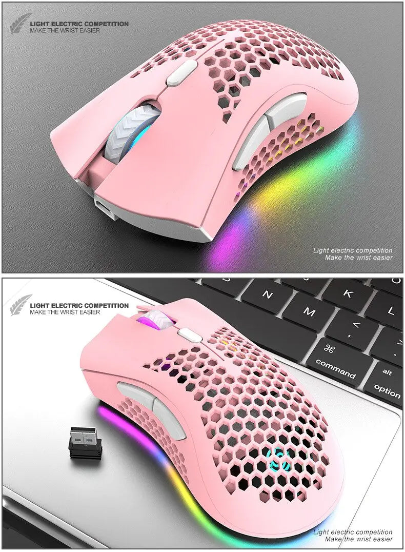BM600 Rechargeable Wireless RGB Gaming Mouse – 2.4G/Wired Dual-Mode, Honeycomb Shell (Black/White/Pink/Blue)