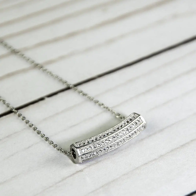 Curved Bar Pendant Necklace – Layered Pavé Crystal Bar with Filigree Detail, Silver-Tone Adjustable Chain