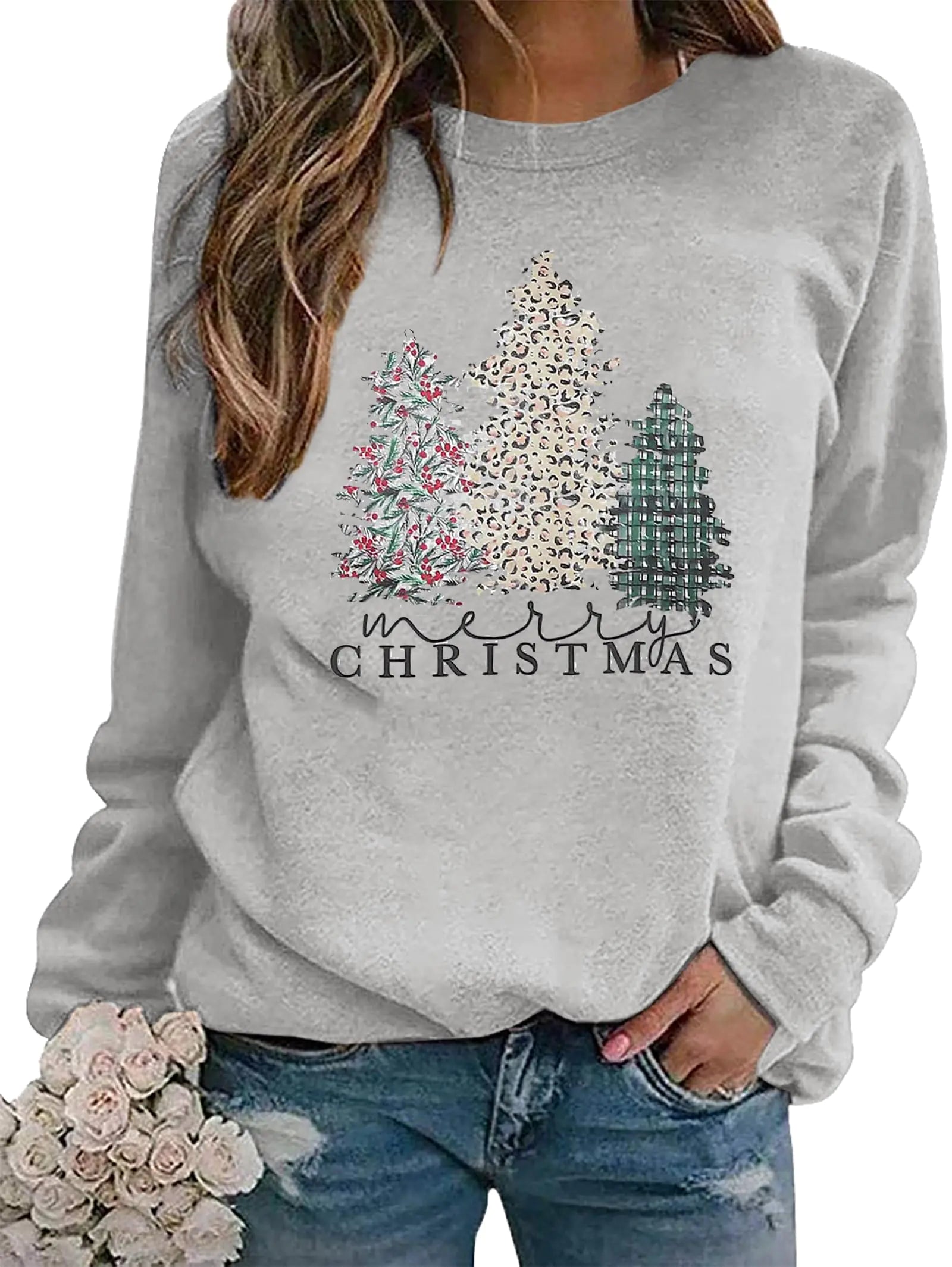 ASTANFY Merry Christmas Sweatshirt for Women Plaid Christmas Holiday Long Sleeve Christmas Tree Pullover Lightweight Shirt Grey