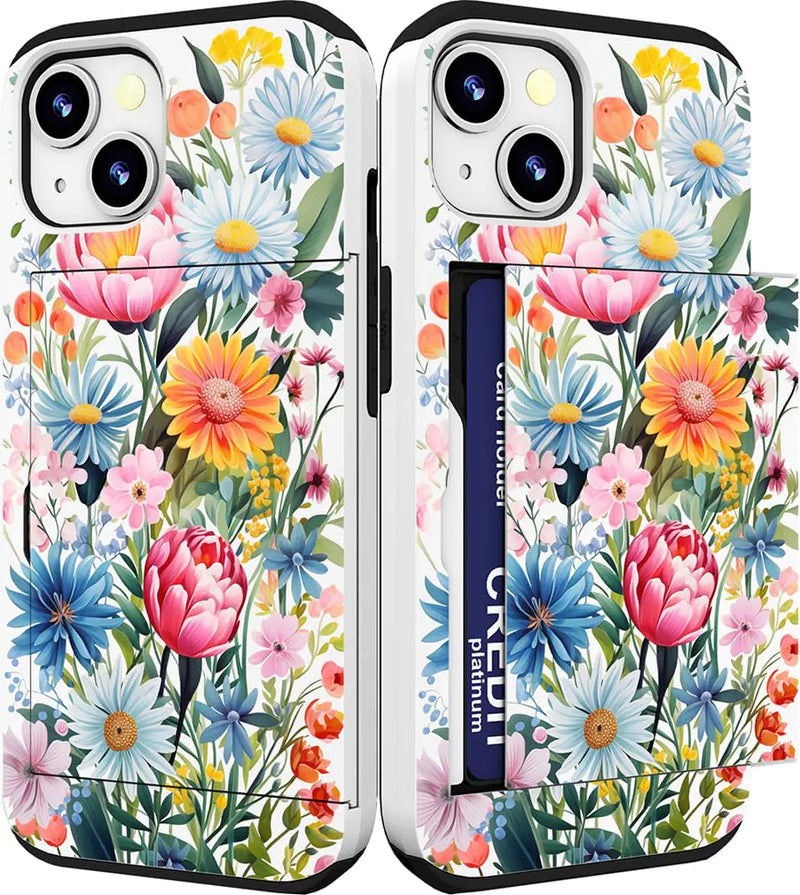 IWONE iPhone 14/13 Case with Card Holder – Blue Floral Wallet Case, Shockproof Slim Protective Cover