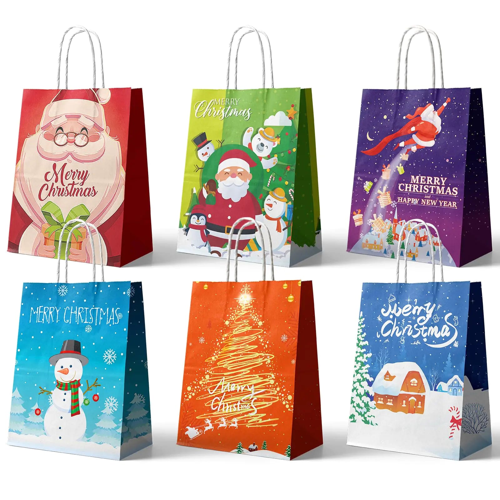 24Pcs Christmas Kraft Gift Bags (Medium) – 6 Designs, Handles, Eco-Friendly Reusable Paper Bags for Holiday Presents