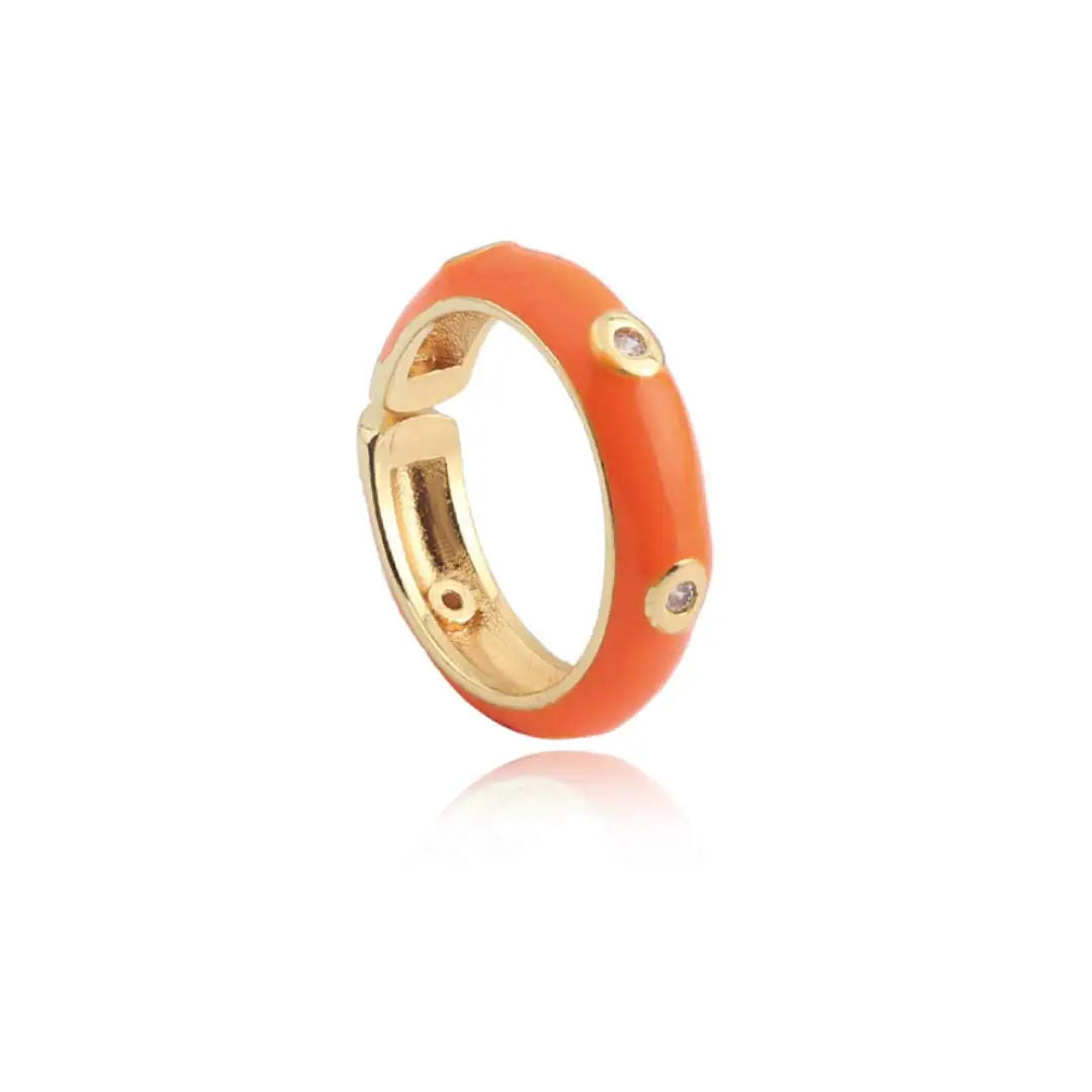 Enamel Adjustable Open Ring – Gold-Tone Dome Band with Bezel CZ Accents, Minimalist Stackable Jewelry