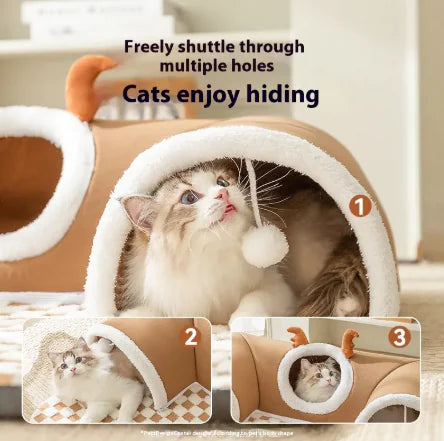 Hide-and-Seek Cat Tunnel Bed – Plush Cozy Tunnel Cave for Play, Naps & Exploration (Kittens & Small Cats)
