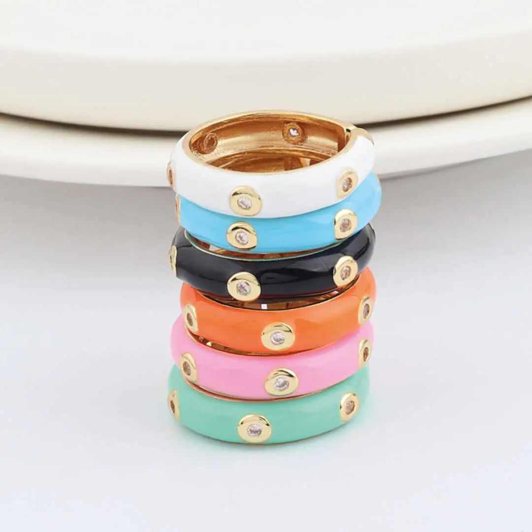 Enamel Adjustable Open Ring – Gold-Tone Dome Band with Bezel CZ Accents, Minimalist Stackable Jewelry