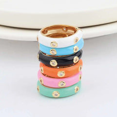 Enamel Adjustable Open Ring – Gold-Tone Dome Band with Bezel CZ Accents, Minimalist Stackable Jewelry