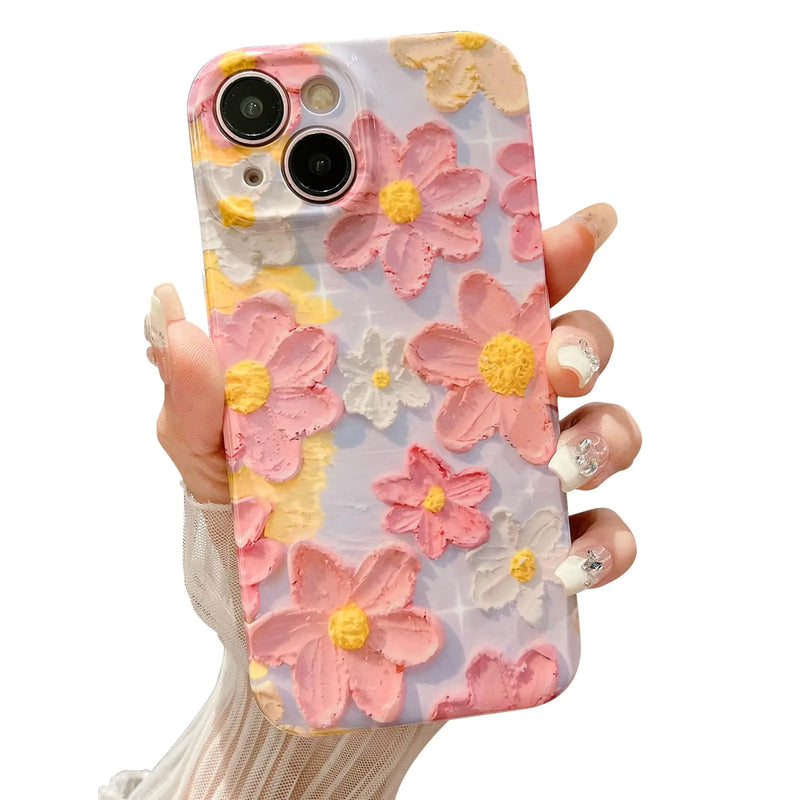 HYUEKOKO iPhone 15 Plus Case – Glossy IMD Floral (Pink/Purple), Soft TPU Shockproof Cover with Raised Camera Guard (6.7