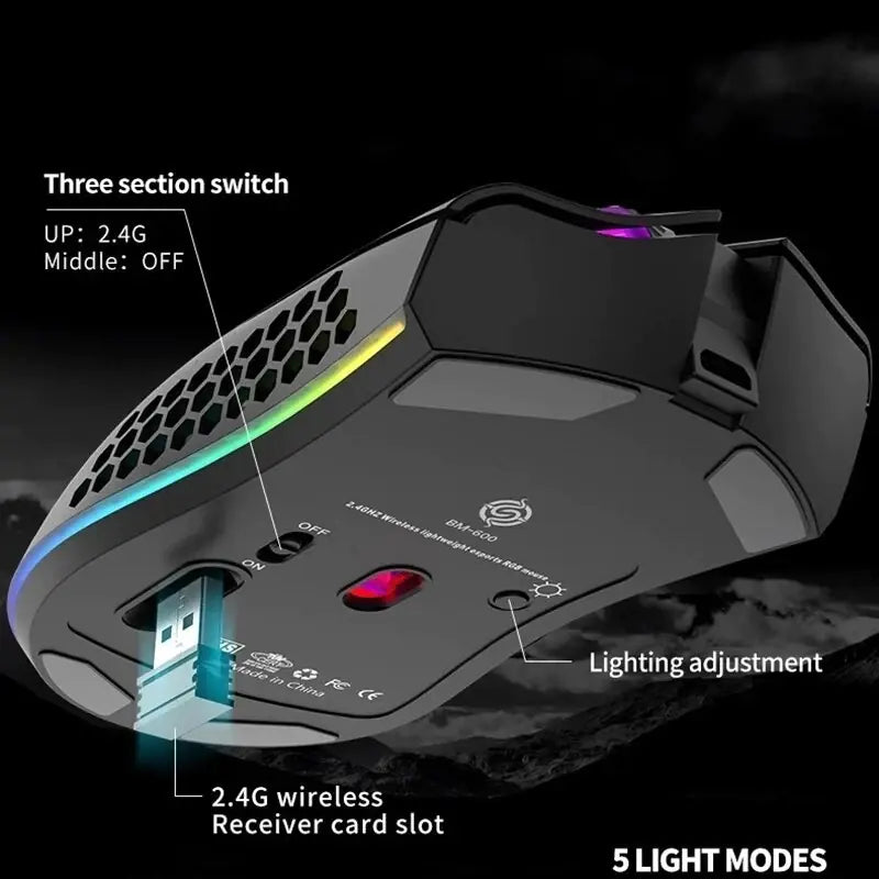 BM600 Rechargeable Wireless RGB Gaming Mouse – 2.4G/Wired Dual-Mode, Honeycomb Shell (Black/White/Pink/Blue)