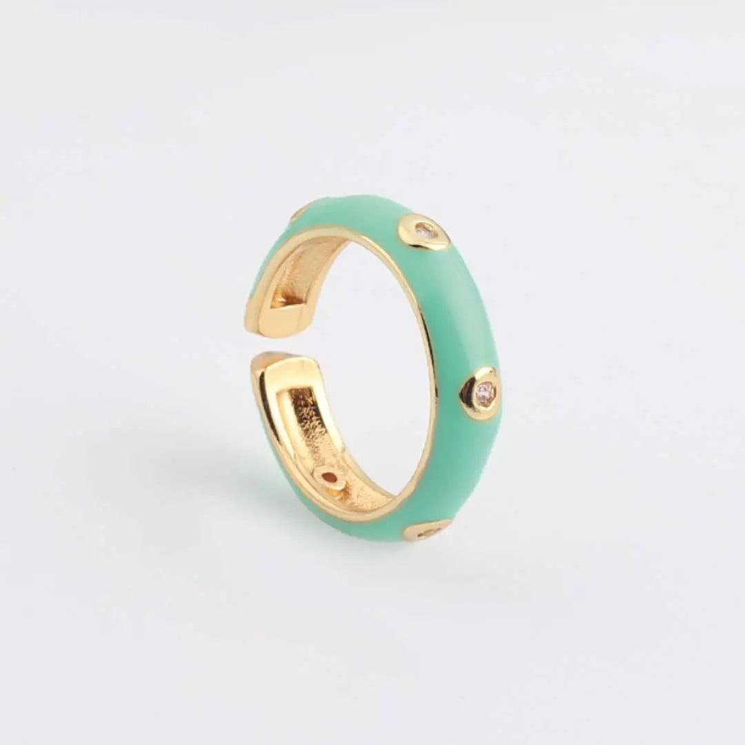 Enamel Adjustable Open Ring – Gold-Tone Dome Band with Bezel CZ Accents, Minimalist Stackable Jewelry