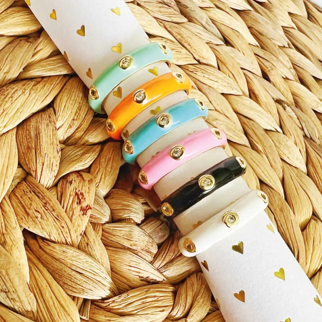 Enamel Adjustable Open Ring – Gold-Tone Dome Band with Bezel CZ Accents, Minimalist Stackable Jewelry