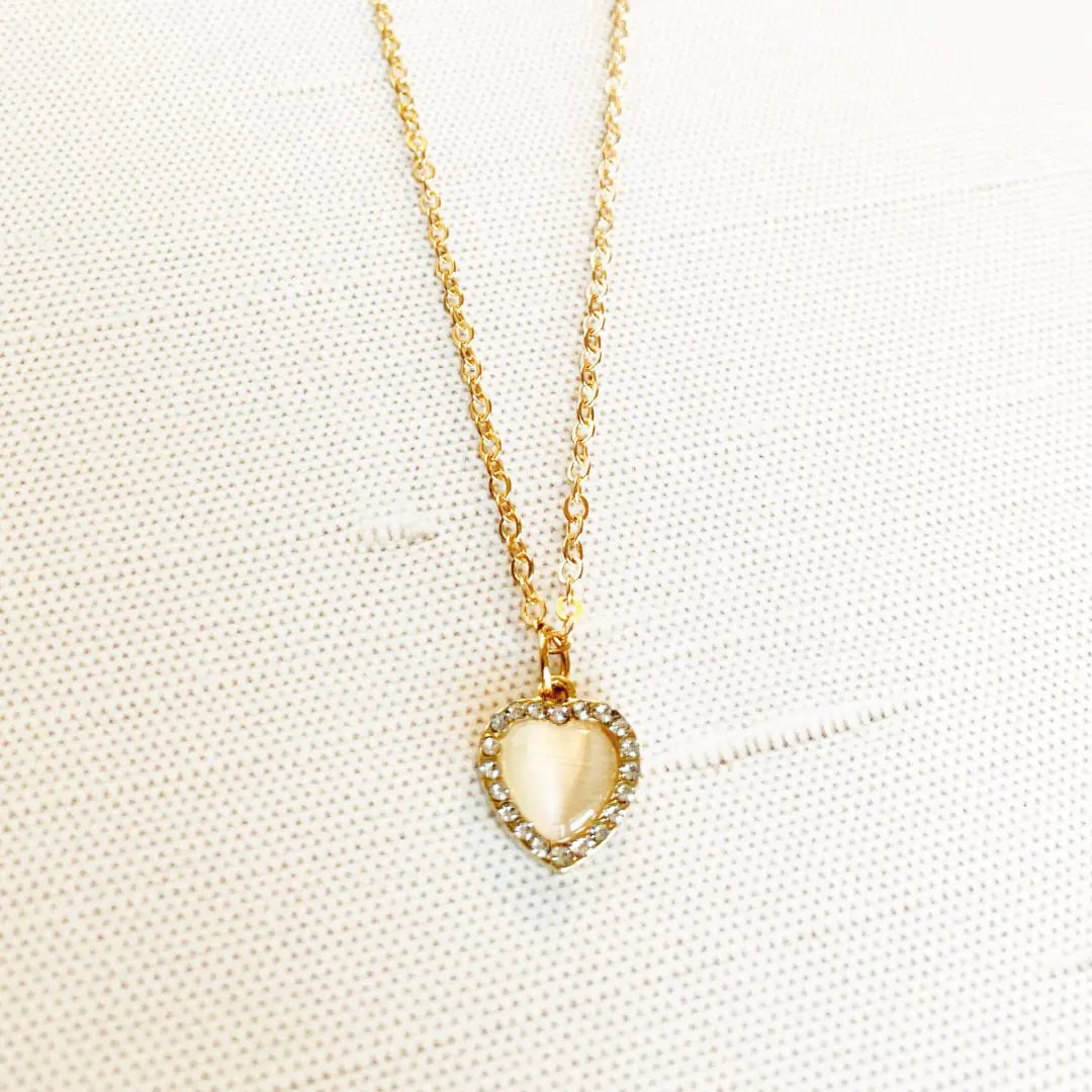 Dawson Heart Pendant Necklace – Gold-Tone Chain with Opaline Heart & Crystal Halo | Dainty Adjustable Necklace