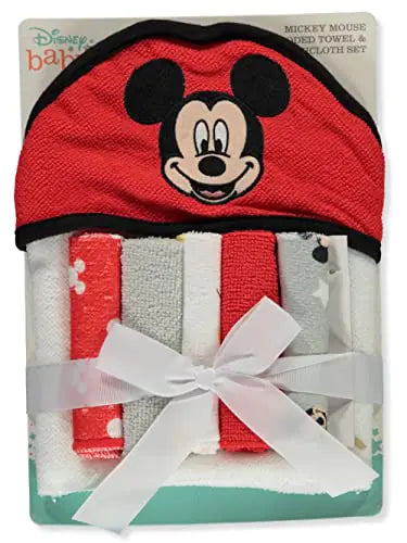 Disney Baby Mickey Mouse Happy Face Print (Hooded Towel with 5 Piece Washcloth Set)