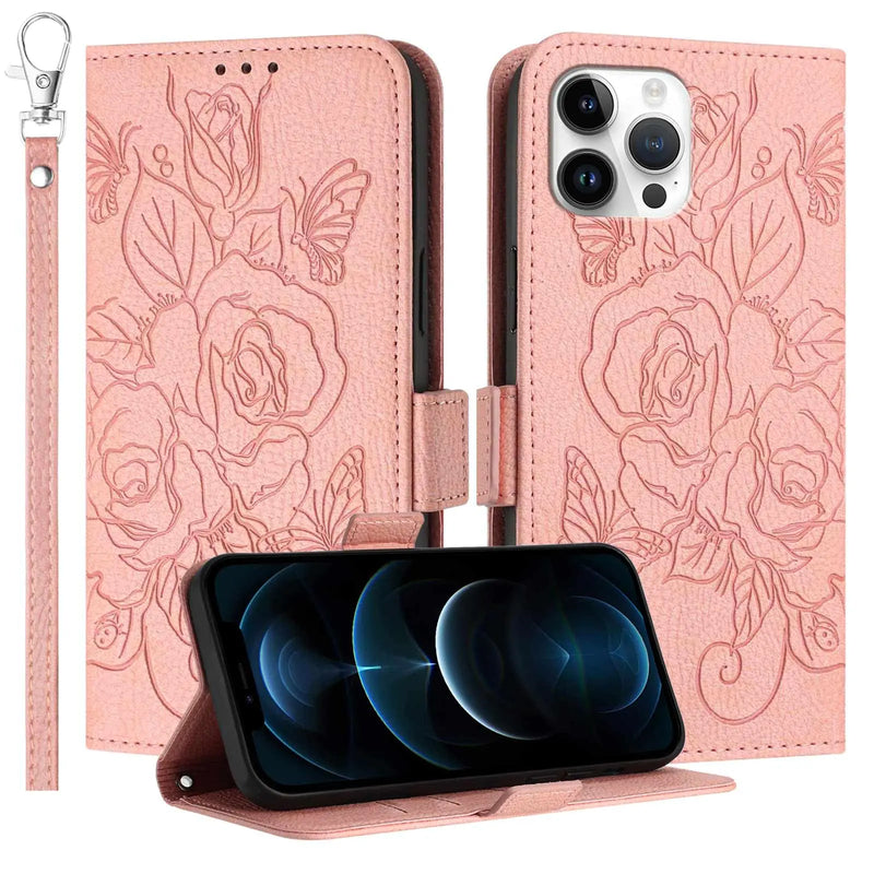 JanCalm iPhone 12 Pro Max Wallet Case – Rose Gold Floral Butterfly Leather Flip Cover with RFID Blocking, Card Slots & Wrist Strap
