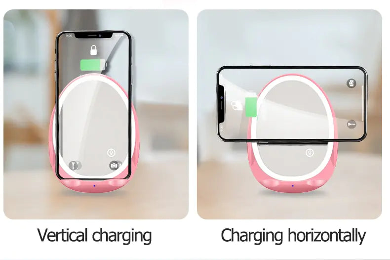 Portable Stand Mirror with Light & Wireless Charger – 5V/1A, <6mm Qi Charging (Girl Powder/Bright Moon White)