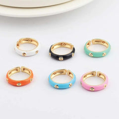 Enamel Adjustable Open Ring – Gold-Tone Dome Band with Bezel CZ Accents, Minimalist Stackable Jewelry