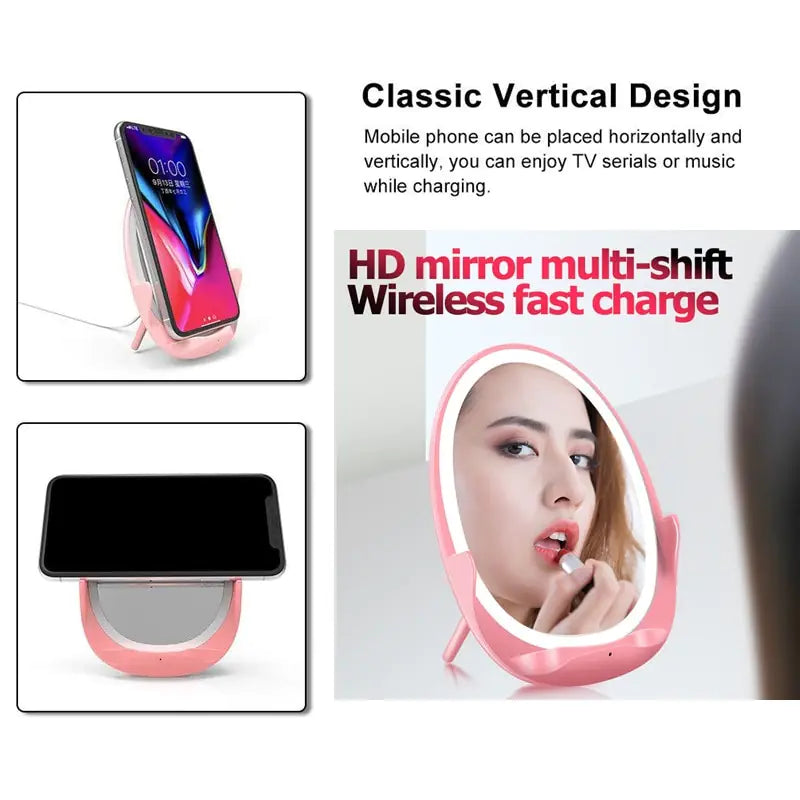 Portable Stand Mirror with Light & Wireless Charger – 5V/1A, <6mm Qi Charging (Girl Powder/Bright Moon White)