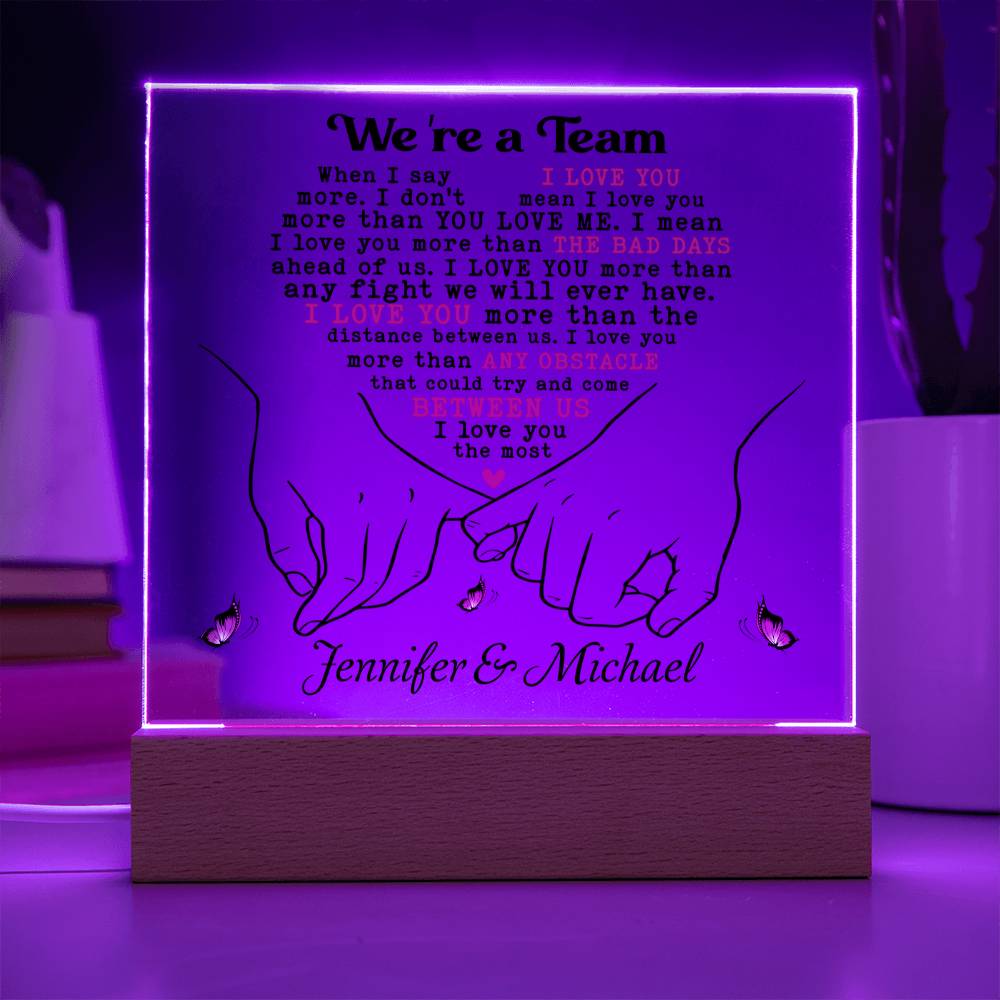 Personalized Valentine LED Acrylic Plaque – “I Love You More” Quote, Custom Names Romantic Light-Up Gift