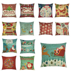 Christmas Santa & Reindeer Cotton Linen Pillow Cover (45x45cm)