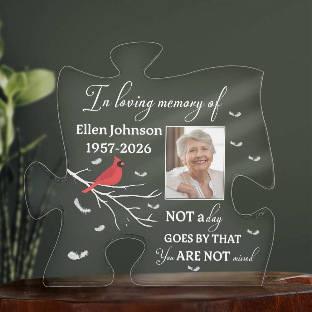 Memorial acrylic puzzle plaque personalized with photo name and dates