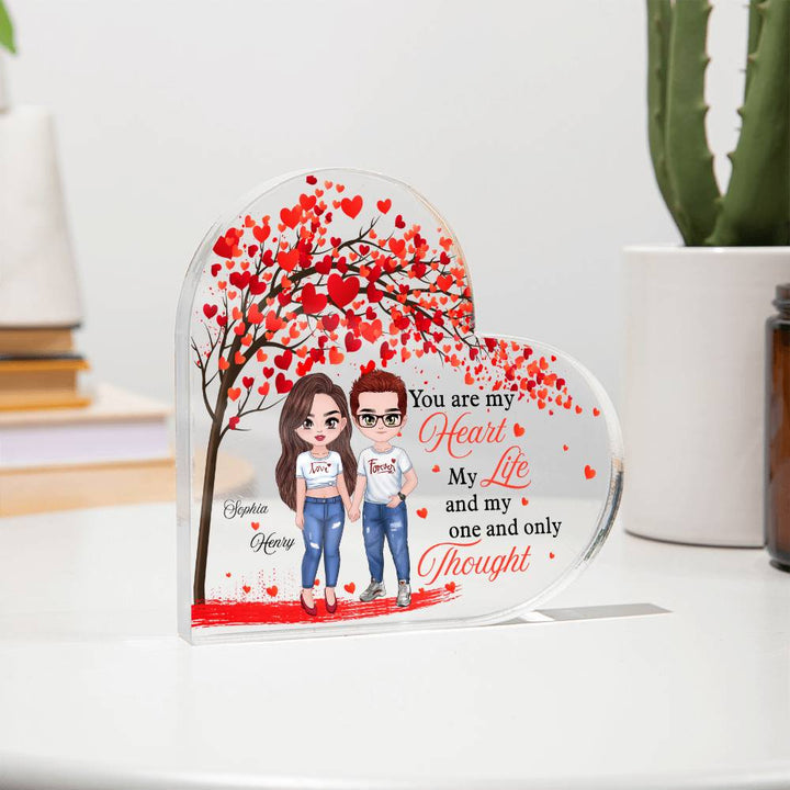 Heart shaped acrylic plaque with personalized couple illustration