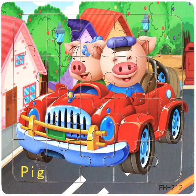 20 - Piece Montessori 3D Cartoon Animal Car Puzzle – Poplar Plywood, 15×15×0.5 cm Pieces (Ages 3–6) - Whimsical Shoppe