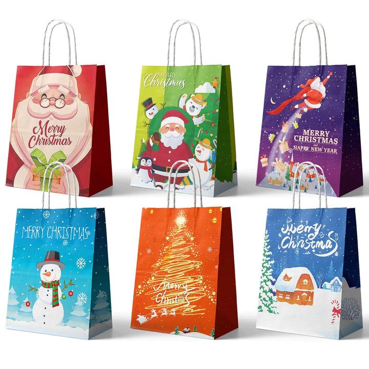 24Pcs Christmas Kraft Gift Bags (Medium) – 6 Designs, Handles, Eco - Friendly Reusable Paper Bags for Holiday Presents - Whimsical Shoppe