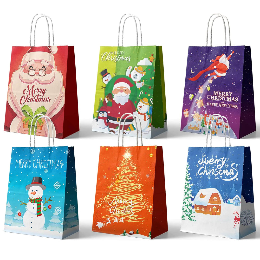 24Pcs Christmas Kraft Gift Bags (Medium) – 6 Designs, Handles, Eco - Friendly Reusable Paper Bags for Holiday Presents - Whimsical Shoppe
