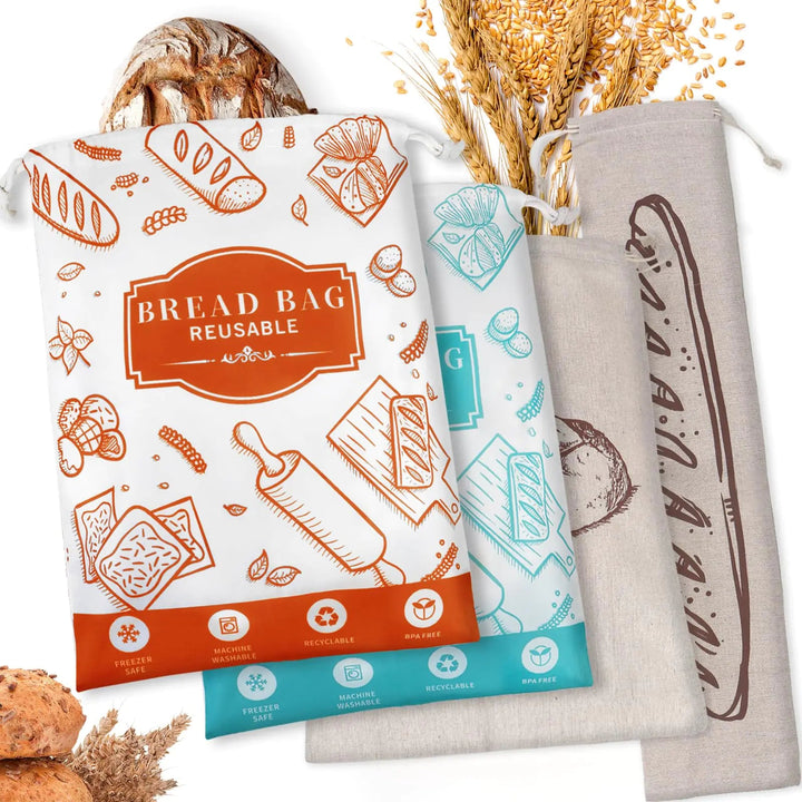 4 - Pack Reusable Bread Bags - TPU Lined for Sourdough & Freezer Storage - Whimsical Shoppe