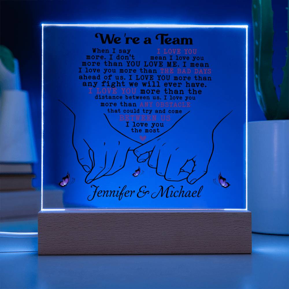 Personalized Valentine LED Acrylic Plaque – “I Love You More” Quote, Custom Names Romantic Light-Up Gift