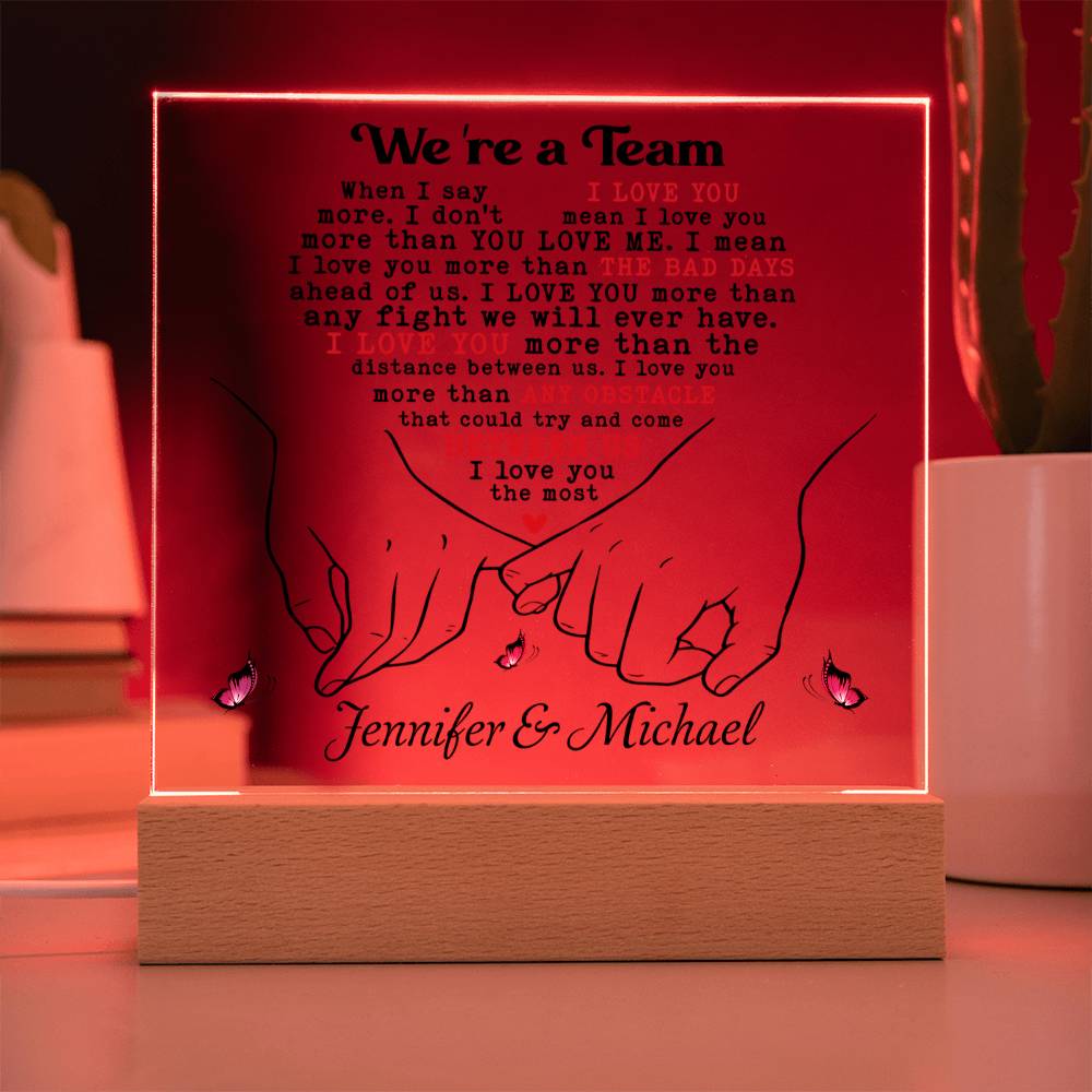 Personalized Valentine LED Acrylic Plaque – “I Love You More” Quote, Custom Names Romantic Light-Up Gift