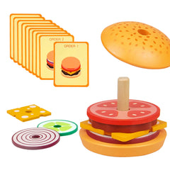 Wooden Burger Stacking Toys – Montessori Fine Motor Skill Learning Play Food Set for Toddlers Ages 3–5