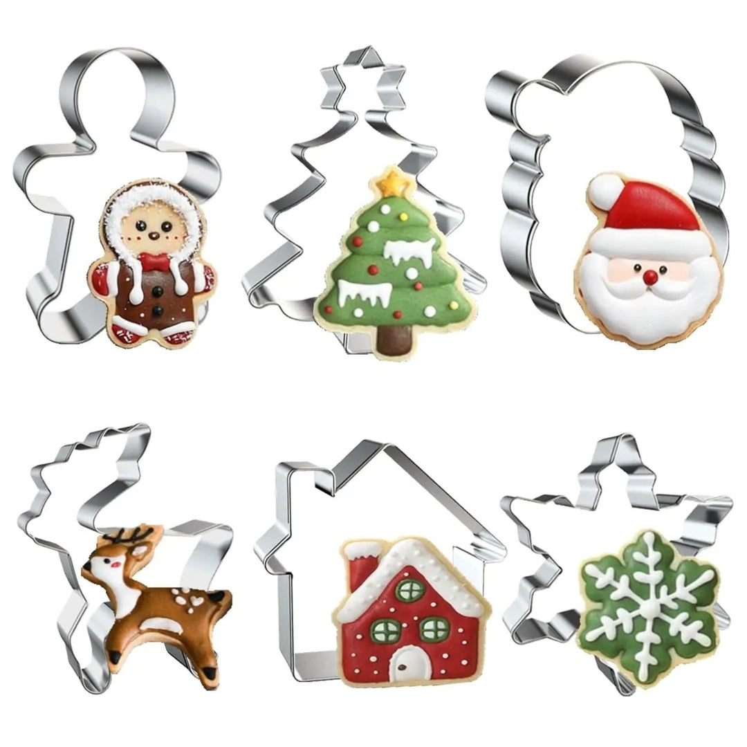 6 - Pack Christmas Cookie Cutters Set – Stainless Steel Holiday Baking Supplies (Gingerbread Man, Tree, House, Santa, Snowflake, Reindeer) - Whimsical Shoppe