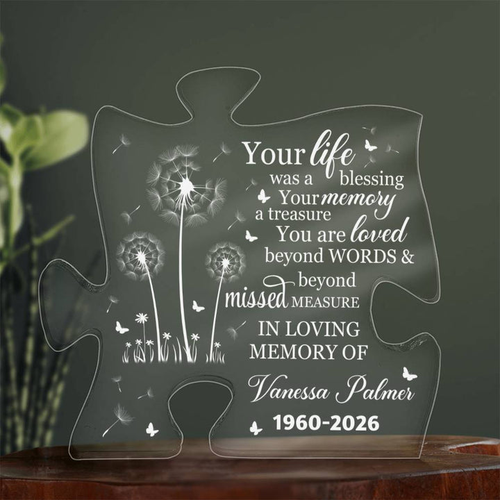 Remembrance acrylic puzzle plaque with memorial years