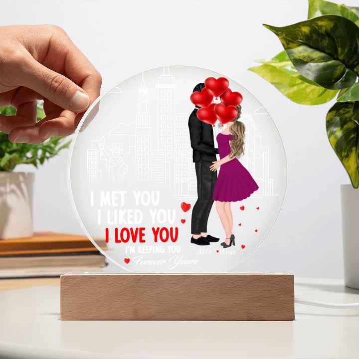 Personalized Valentine LED Acrylic Circle Plaque – Custom Names and Date Romantic Couple Keepsake Gift