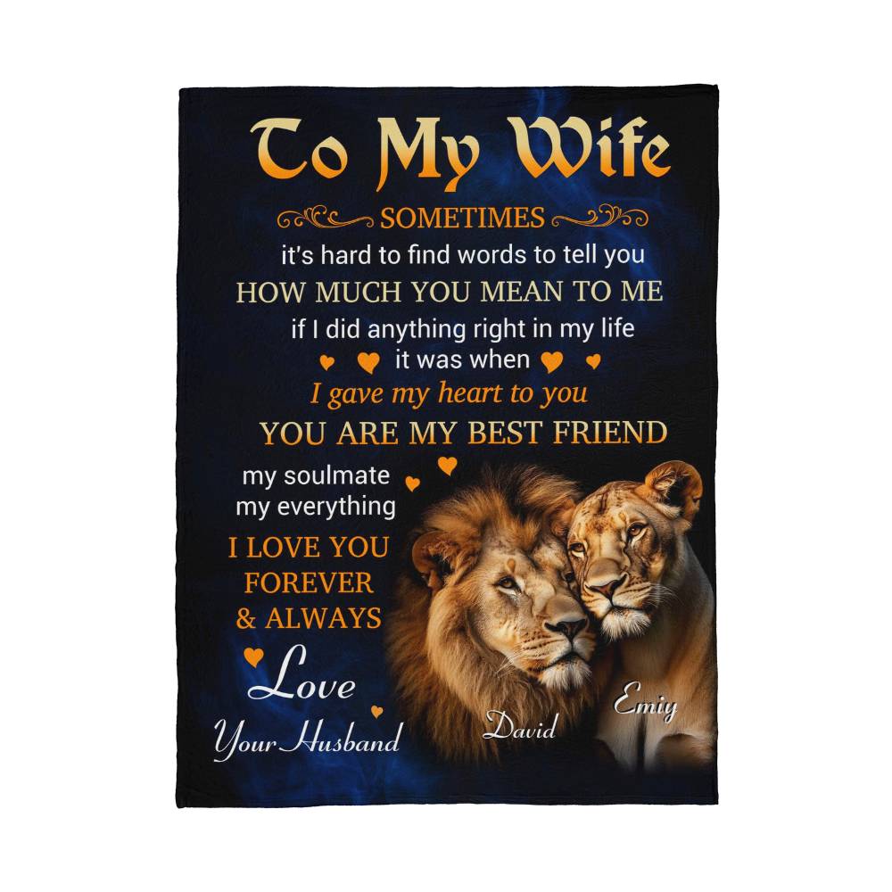 To My Wife Blanket with Lion Couple Design – Personalized Romantic Throw Blanket Gift from Husband, Anniversary or Wedding Keepsake