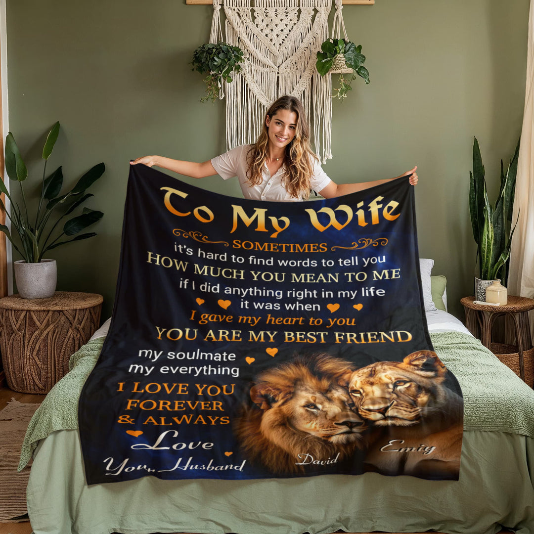 To My Wife Blanket with Lion Couple Design – Personalized Romantic Throw Blanket Gift from Husband, Anniversary or Wedding Keepsake