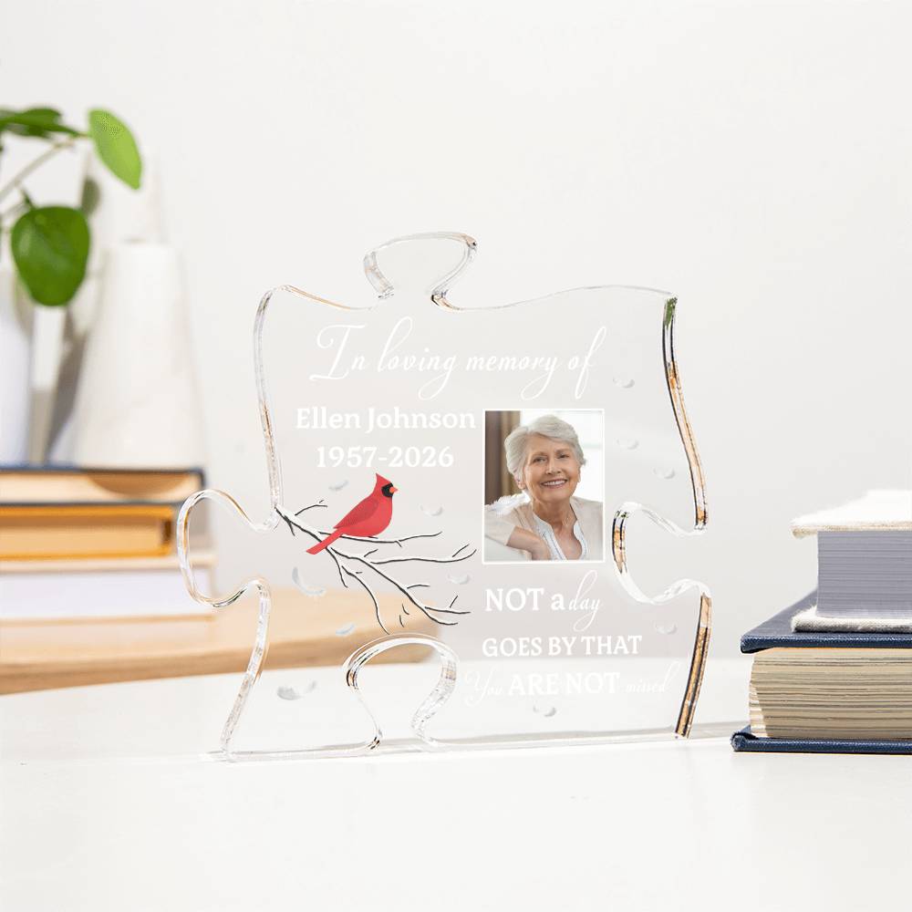 Custom in loving memory acrylic puzzle plaque with cardinal design and photo