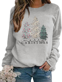 ASTANFY Merry Christmas Sweatshirt for Women Plaid Christmas Holiday Long Sleeve Christmas Tree Pullover Lightweight Shirt Grey