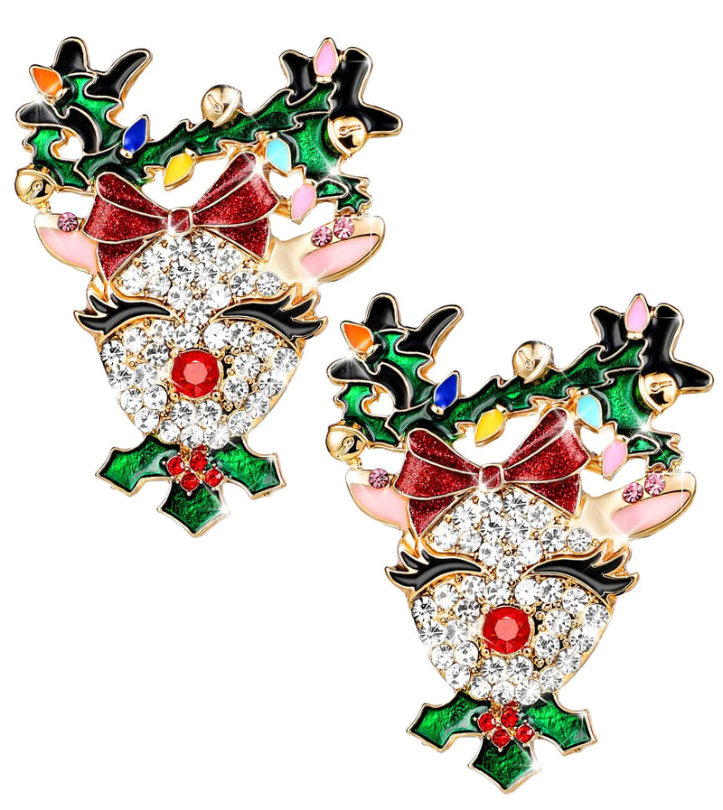 Cute Reindeer Dangle Earrings - Rhinestone Christmas Jewelry