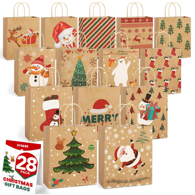 28 Pack Christmas Kraft Gift Bags with Handles 9x7.5x3.5 Christmas Gift Bags