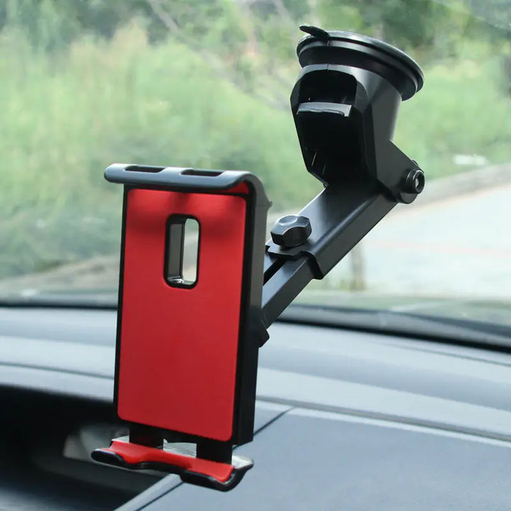 Universal Car Mount for Phones & Tablets – 360° Adjustable Dashboard Holder (4–12", Red/Black)