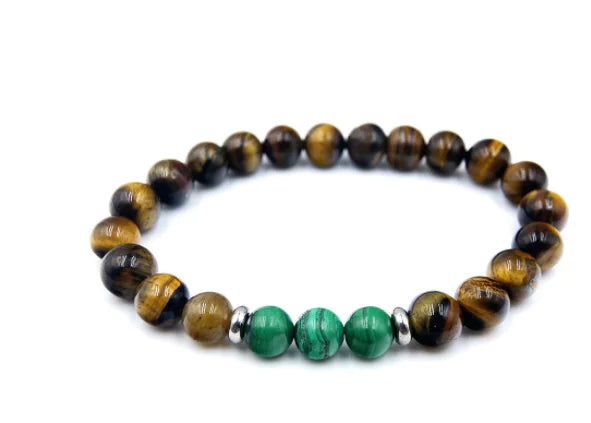 Natural Malachite & Tiger Eye Beaded Bracelet - Stainless Steel (8mm)