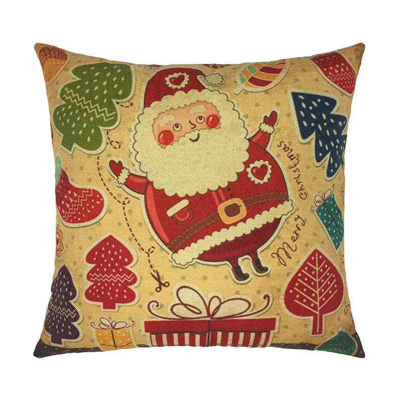 Christmas Santa & Reindeer Cotton Linen Pillow Cover (45x45cm)