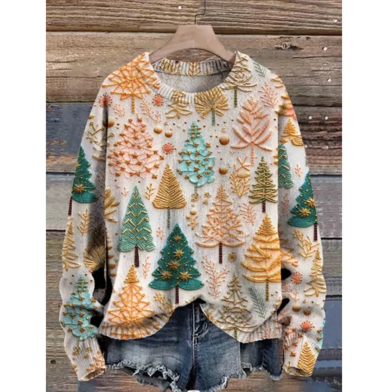 Women's Christmas Tree Print Raglan Sweater - Cozy Pullover