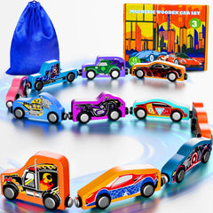 Magnetic Wooden Train & Car Set (11-Piece) – Montessori Superhero Toddler Toys, Numbers 0–10, Natural Wood, Gift for Boys Ages 3+