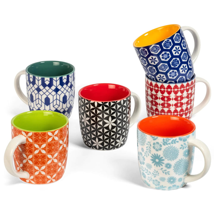 Annovero Vibrant Patterned Ceramic Mug Set - Contrasting Colors (6 - Pack) - Whimsical Shoppe