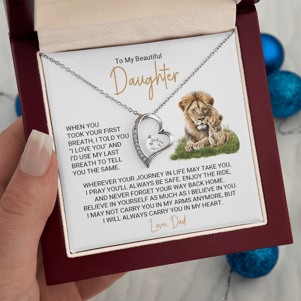 Forever Love Necklace for Daughter – Meaningful Gift from Dad, Heart Pendant Necklace with Lion Father & Daughter Message Card