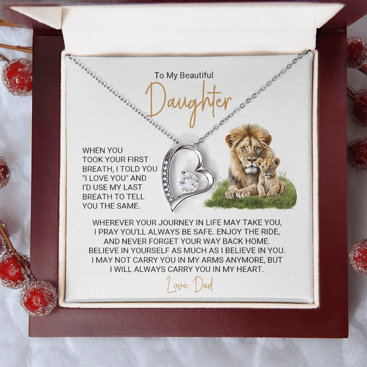 Forever Love Necklace for Daughter – Meaningful Gift from Dad, Heart Pendant Necklace with Lion Father & Daughter Message Card