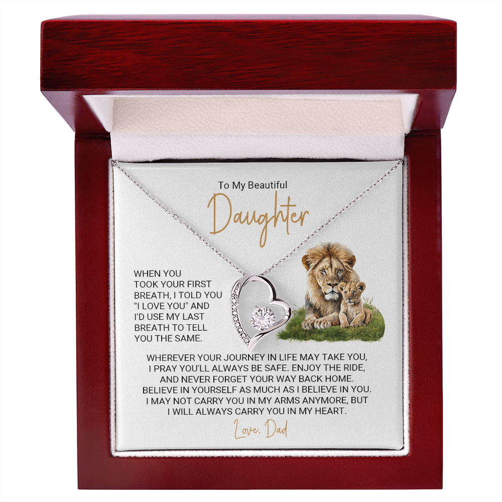 Forever Love Necklace for Daughter – Meaningful Gift from Dad, Heart Pendant Necklace with Lion Father & Daughter Message Card