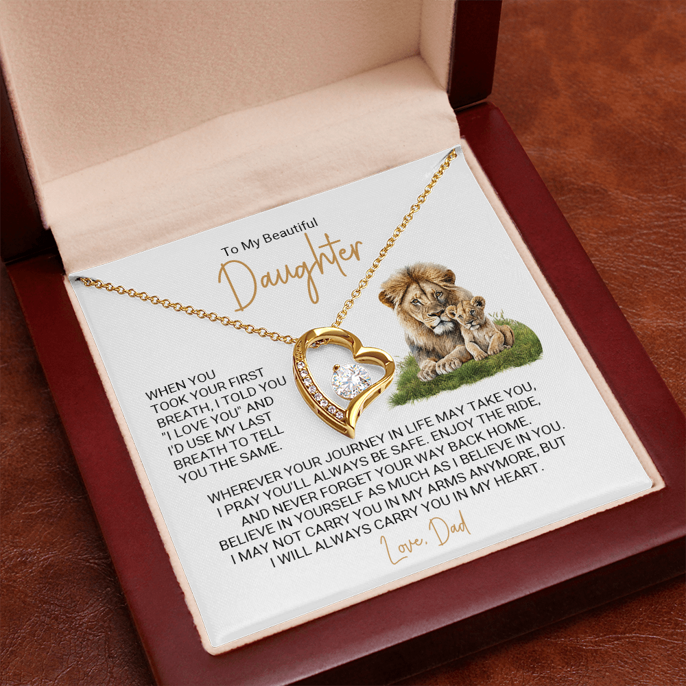 Forever Love Necklace for Daughter – Meaningful Gift from Dad, Heart Pendant Necklace with Lion Father & Daughter Message Card
